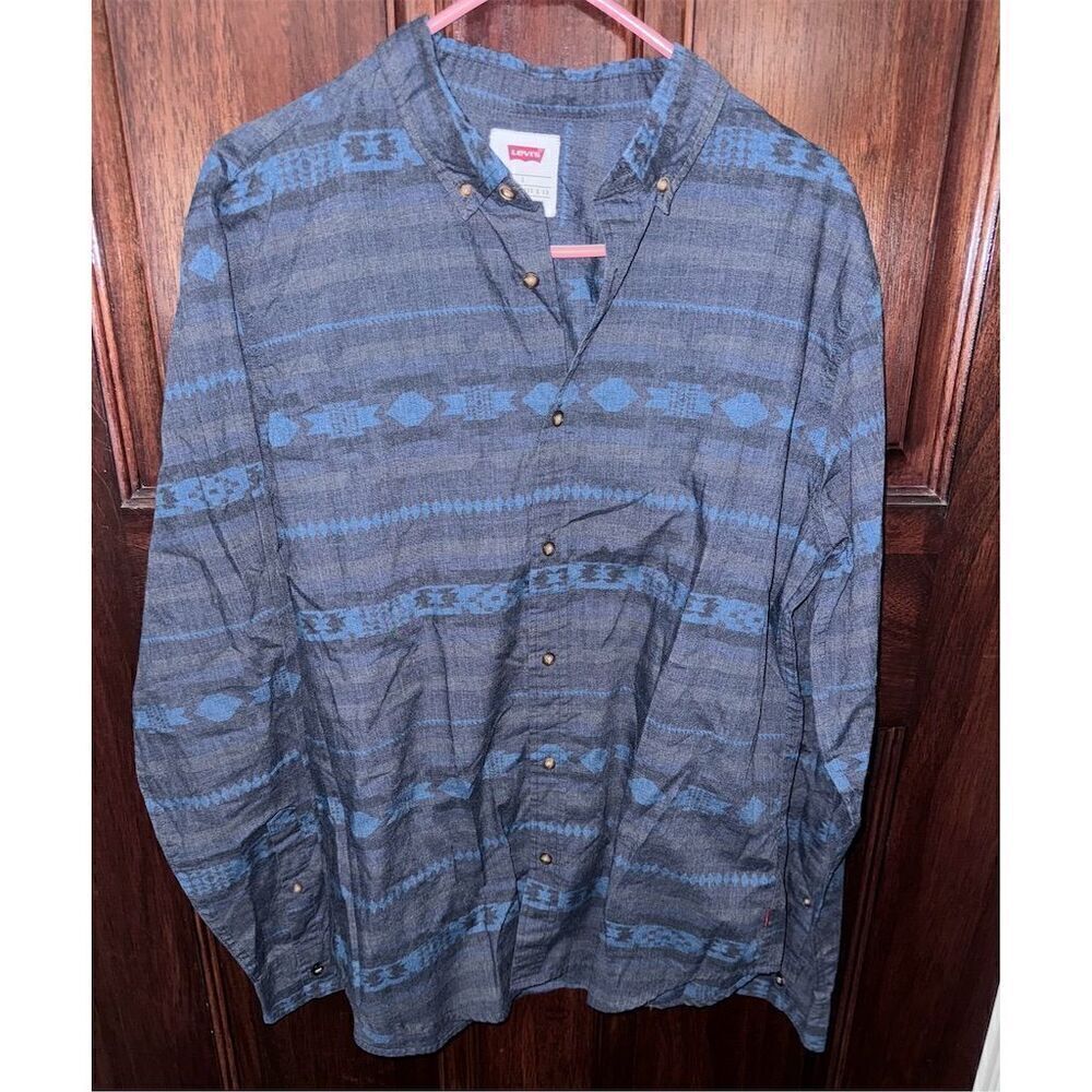 Levi's Men's L Blue Geometric Pattern Long Sleeve Button-Down Casual Shirt